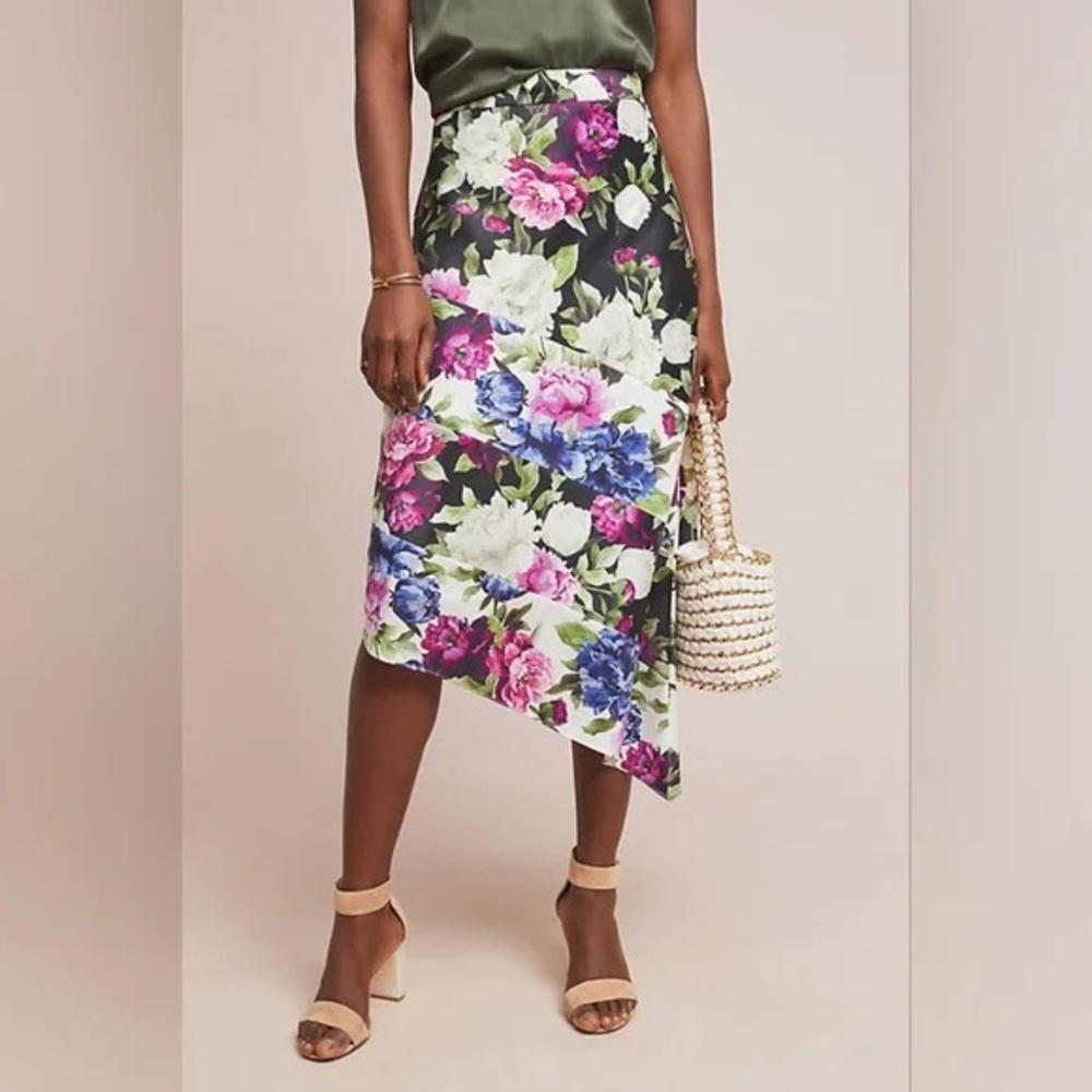 Anthropologie Hutch Meadow Midi Floral Asymmetrical Skirt Satin Size 4 790 - Picture 3 of 12